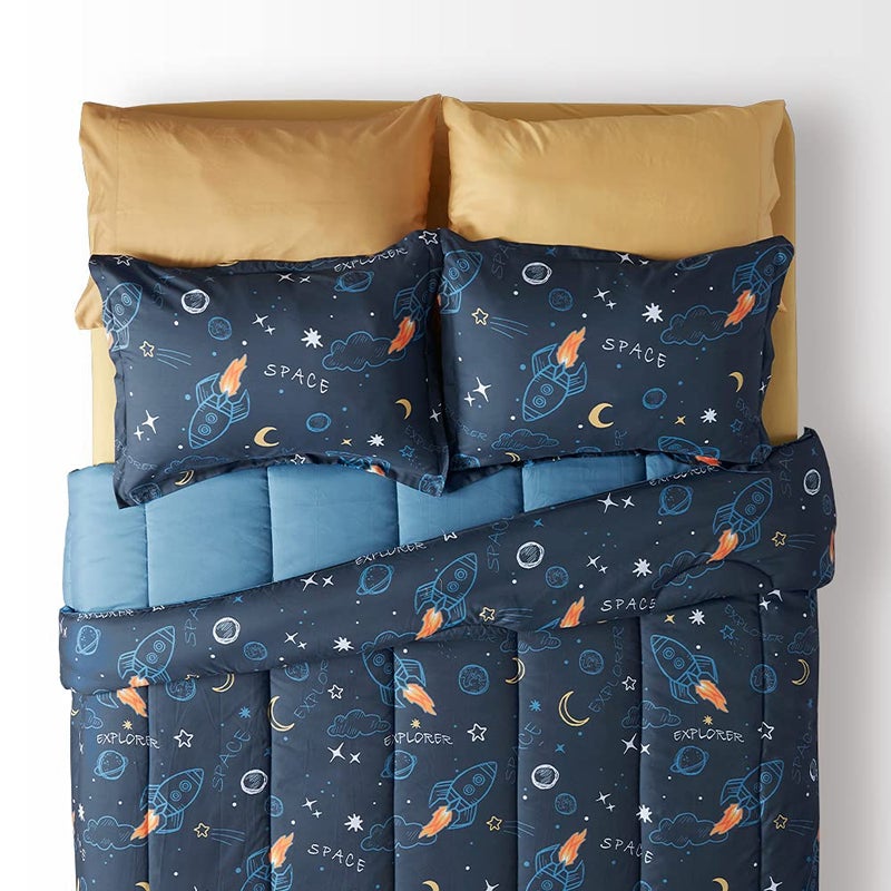 SLEEP ZONE Kids Twin Bedding Comforter Set - Super Cute & Soft Kids Bedding Bed in a Bag Pieces Set with Comforter, Sheet, Pillowcase & Sham (Space Rocket) - Image 2